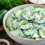 Creamy Dill Cucumber Salad with fresh cucumbers, sour cream dressing, and dill in a rustic bowl, perfect summer BBQ side dish