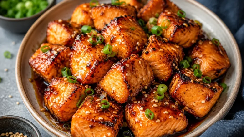Crispy Honey Soy Salmon Bites coated in a glossy honey soy glaze with caramelized edges, sesame seeds, and sliced green onions