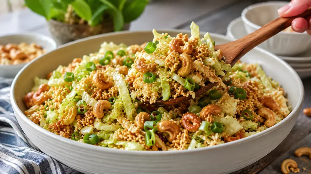 Crunchy Cashew Ramen Salad made with crisp green cabbage, toasted ramen noodles, roasted cashews, green onions, and a homemade sesame dressing, perfect for potlucks and summer gatherings.