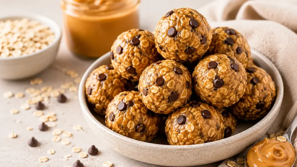 No bake protein bites peanut butter in a bowl with rolled oats, chocolate chips, and creamy peanut butter, easy high protein snack for meal prep and healthy eating