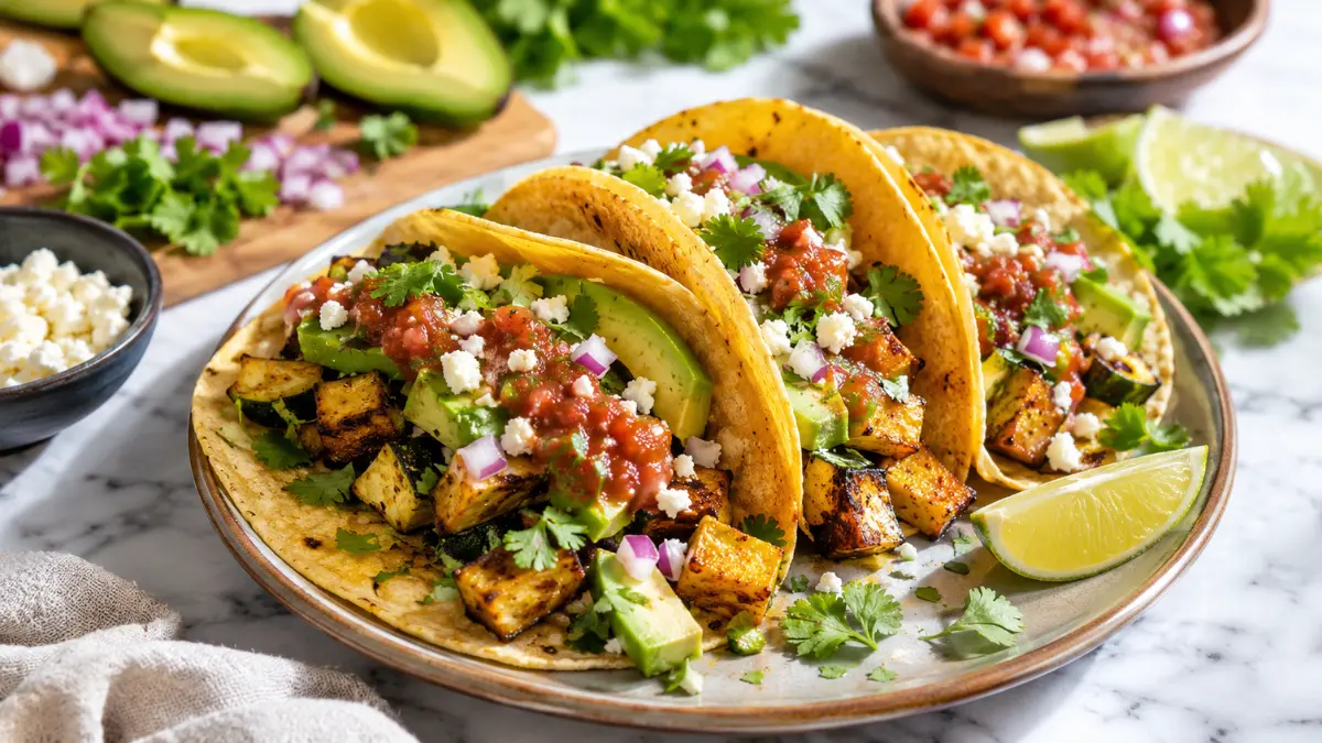 Roasted zucchini tacos filled with caramelized zucchini, creamy avocado, cotija cheese, fresh salsa, cilantro, and lime in warm corn tortillas for a healthy vegetarian weeknight dinner.