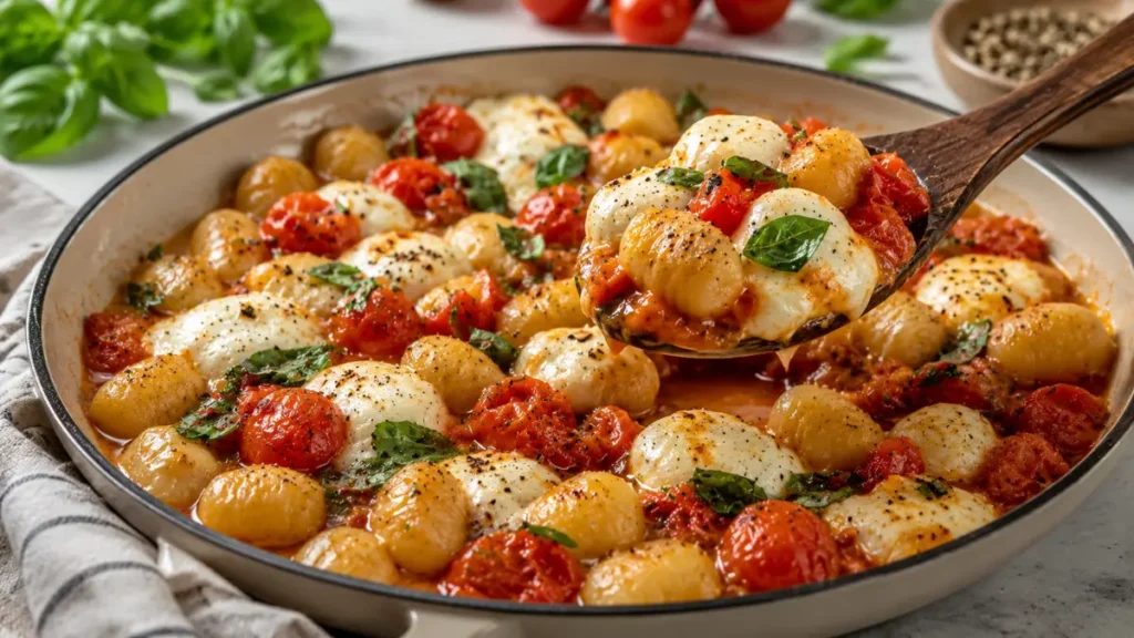 Skillet Caprese Gnocchi with toasted potato gnocchi, fresh mozzarella, blistered cherry tomatoes, basil, and a light garlic sauce for an easy 20-minute one-pan dinner.