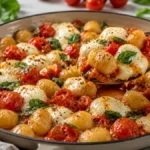 Skillet Caprese Gnocchi with toasted potato gnocchi, fresh mozzarella, blistered cherry tomatoes, basil, and a light garlic sauce for an easy 20-minute one-pan dinner.