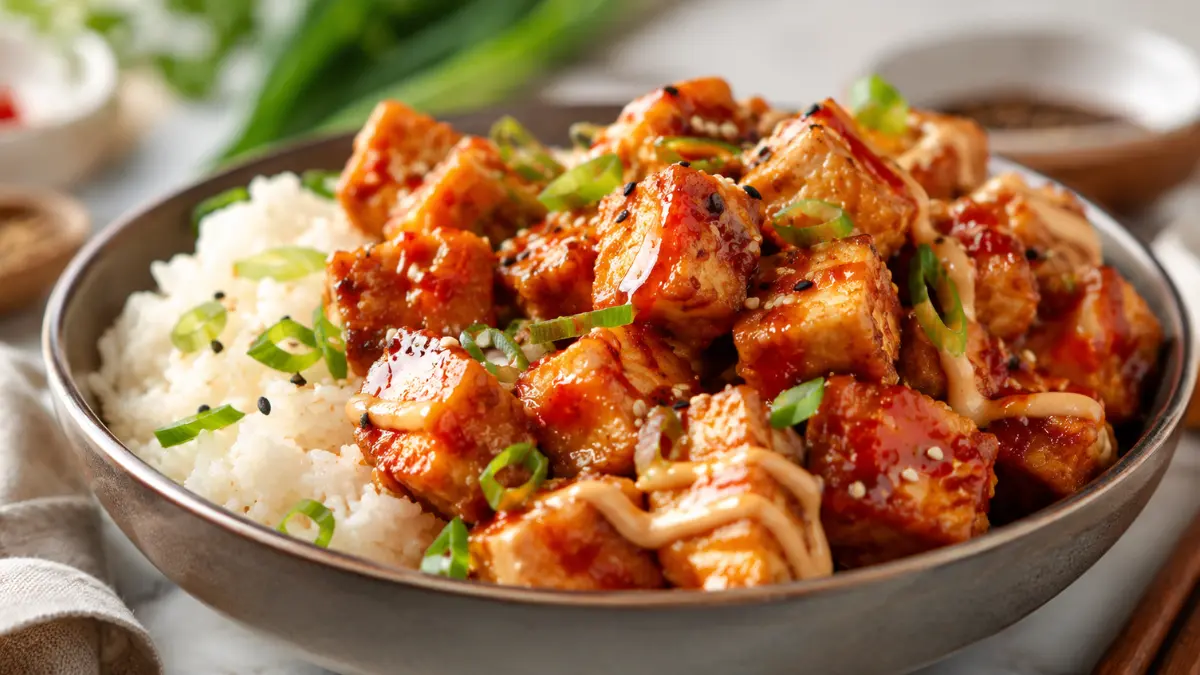 Sticky Bang Bang Tofu served over fluffy jasmine rice with crispy golden tofu cubes coated in a creamy sweet and spicy bang bang sauce, topped with green onions and sesame seeds.