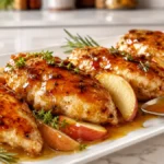 Air Fryer Apple Cider Chicken with glossy apple cider glaze, juicy chicken breasts, fresh apple slices, rosemary, and thyme