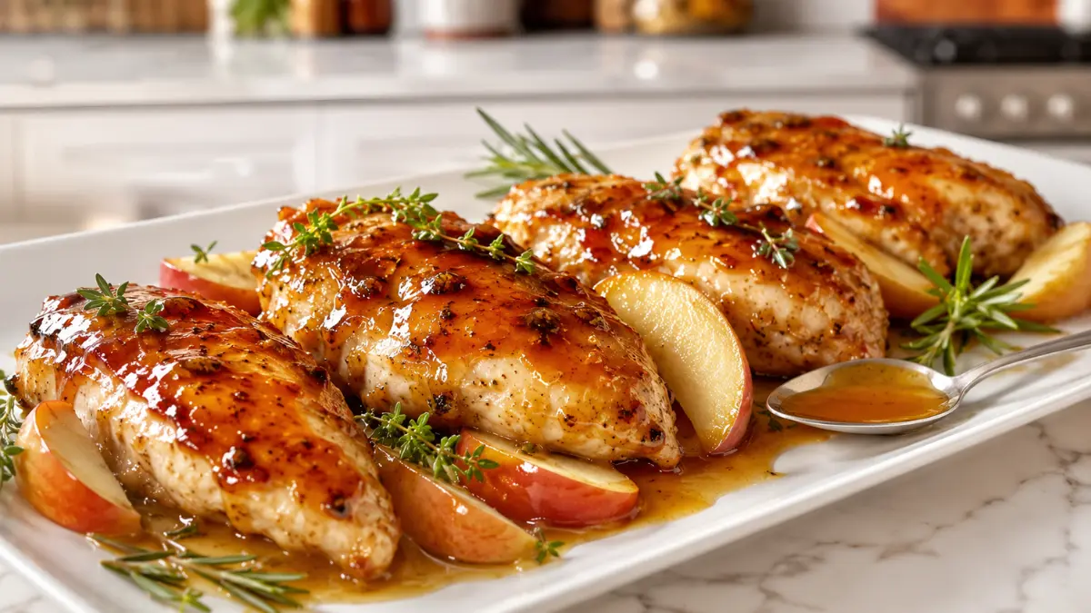 Air Fryer Apple Cider Chicken 2 Air Fryer Apple Cider Chicken with glossy apple cider glaze, juicy chicken breasts, fresh apple slices, rosemary, and thyme
