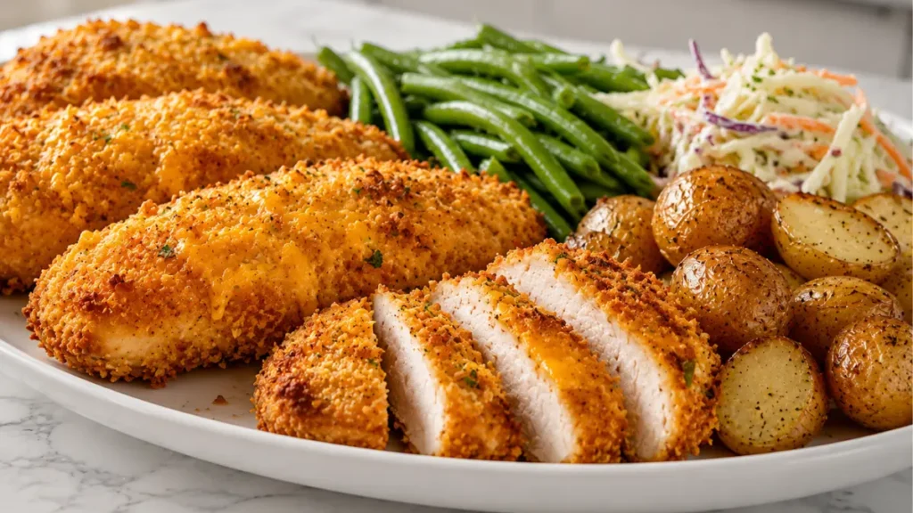 Air Fryer Cheddar Chicken served with crispy cheddar crust, roasted baby potatoes, green beans, and creamy coleslaw
