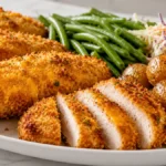 Air Fryer Cheddar Chicken served with crispy cheddar crust, roasted baby potatoes, green beans, and creamy coleslaw