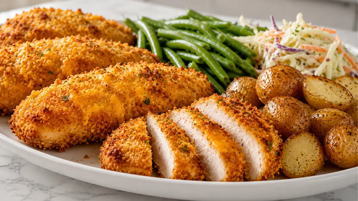 Air Fryer Cheddar Chicken served with crispy cheddar crust, roasted baby potatoes, green beans, and creamy coleslaw