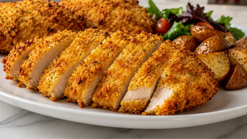 Air Fryer Cheddar Ranch Chicken with a crispy cheddar ranch crust, juicy sliced chicken breast, roasted potatoes, and fresh salad for an easy family dinner.