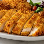 Air Fryer Cheddar Ranch Chicken with a crispy cheddar ranch crust, juicy sliced chicken breast, roasted potatoes, and fresh salad for an easy family dinner.