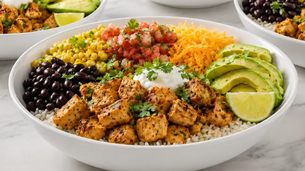 Air Fryer Chicken Burrito Bowls with juicy seasoned chicken, fluffy rice, black beans, corn, cheddar cheese, fresh salsa, avocado, cilantro, and lime for an easy Tex-Mex family dinner.