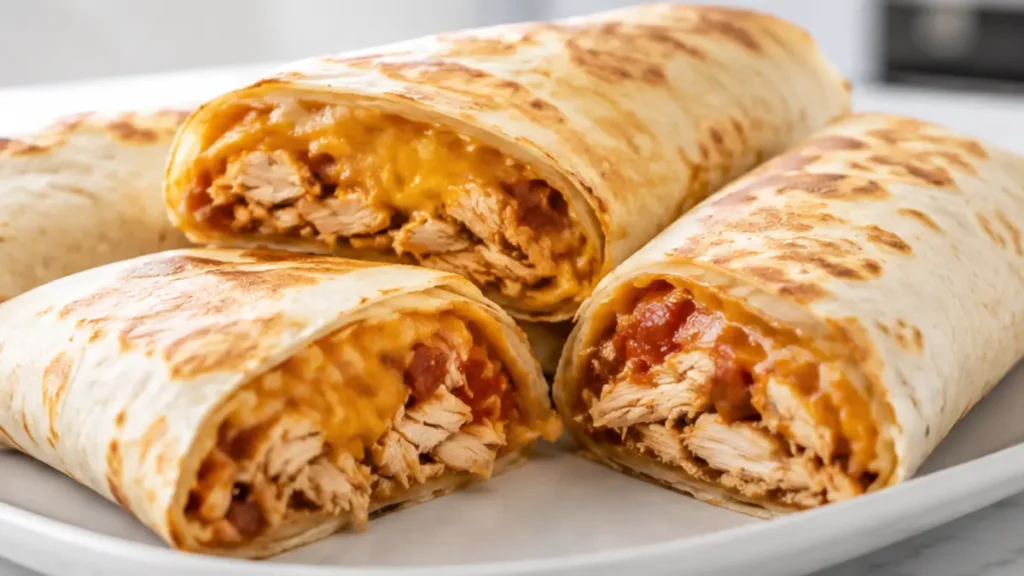 Air Fryer Chicken Burritos with juicy shredded chicken, melted cheddar cheese, crispy toasted tortillas, and flavorful salsa filling