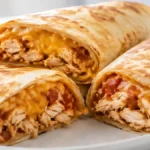 Air Fryer Chicken Burritos with juicy shredded chicken, melted cheddar cheese, crispy toasted tortillas, and flavorful salsa filling