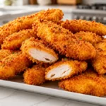 Air Fryer Chicken Fries with crispy panko coating, juicy chicken breast, golden breading, homemade comfort food, quick family dinner, crunchy chicken strips, easy air fryer recipe, kid-friendly meal, American recipe, perfectly cooked chicken.