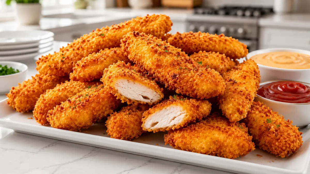 30-Minute Crispy Air Fryer Chicken Fries Recipe 2 Air Fryer Chicken Fries with crispy panko coating, juicy chicken breast, golden breading, homemade comfort food, quick family dinner, crunchy chicken strips, easy air fryer recipe, kid-friendly meal, American recipe, perfectly cooked chicken.
