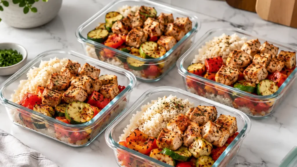 Air Fryer Chicken Meal Prep Bowls with seasoned chicken, roasted zucchini, bell peppers, and fluffy rice for a healthy high-protein lunch