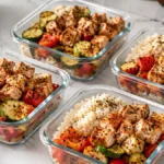 Air Fryer Chicken Meal Prep Bowls with seasoned chicken, roasted zucchini, bell peppers, and fluffy rice for a healthy high-protein lunch