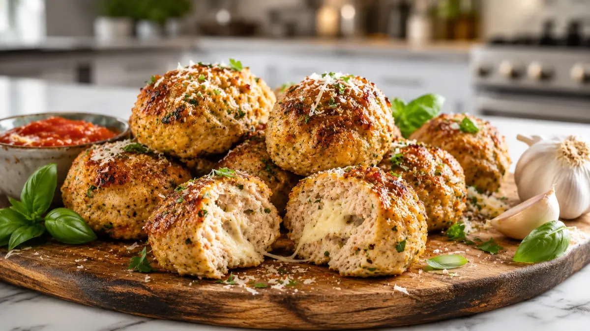 Juicy Air Fryer Chicken Meatballs Recipe (Quick & Easy) 2 Air Fryer Chicken Meatballs with a juicy cheesy center, golden crust, Parmesan, fresh herbs, and marinara sauce