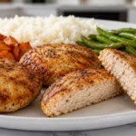Air Fryer Chicken Patties served with fluffy rice and green beans, featuring crispy golden patties with a juicy, tender center.