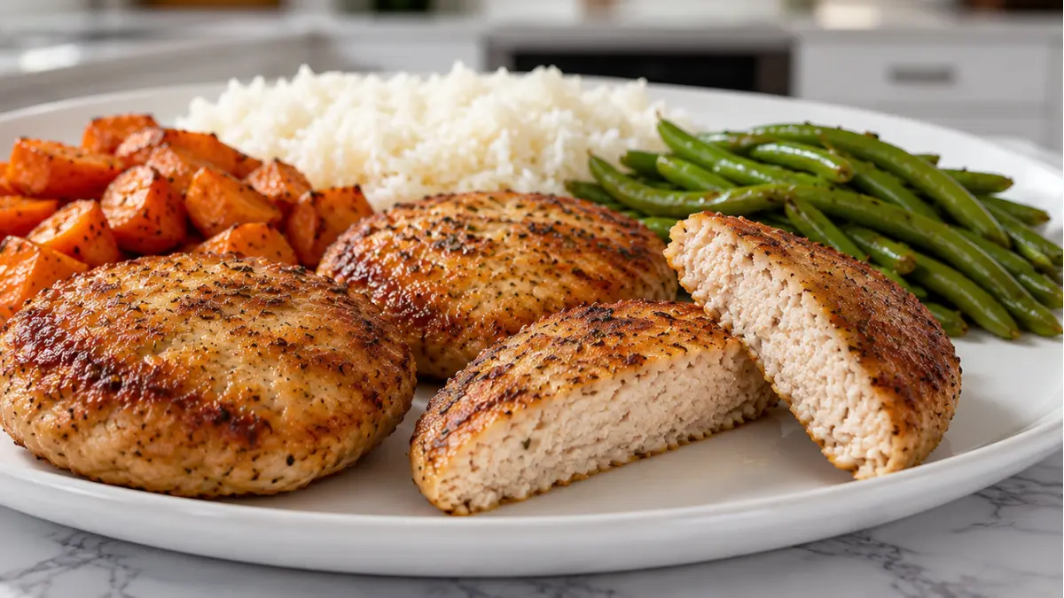 Homemade Air Fryer Chicken Patties Recipe 2 Air Fryer Chicken Patties served with fluffy rice and green beans, featuring crispy golden patties with a juicy, tender center.