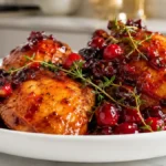 Air Fryer Cranberry Chicken with juicy glazed chicken thighs, whole berry cranberry sauce, fresh thyme, sweet and tangy cranberry glaze, easy family dinner, quick weeknight meal, holiday chicken recipe.