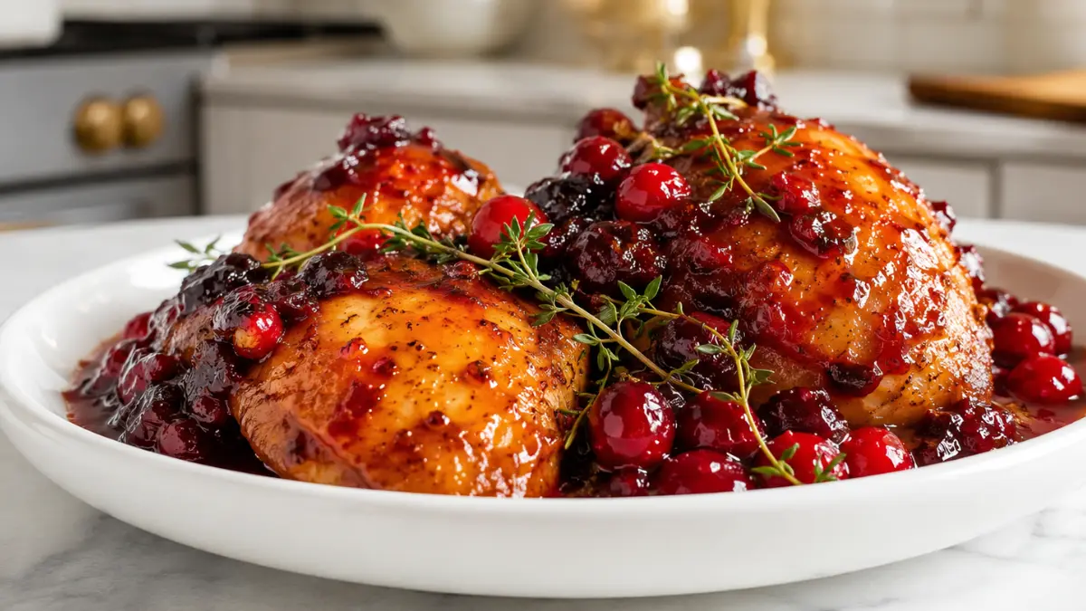 Air Fryer Cranberry Chicken Recipe in 20 Minutes 2 Air Fryer Cranberry Chicken with juicy glazed chicken thighs, whole berry cranberry sauce, fresh thyme, sweet and tangy cranberry glaze, easy family dinner, quick weeknight meal, holiday chicken recipe.