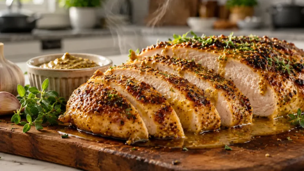 Air Fryer Dijon Chicken with a golden Dijon mustard glaze, juicy sliced chicken breast, and caramelized herb seasoning