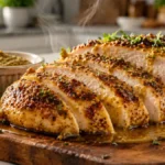 Air Fryer Dijon Chicken with a golden Dijon mustard glaze, juicy sliced chicken breast, and caramelized herb seasoning