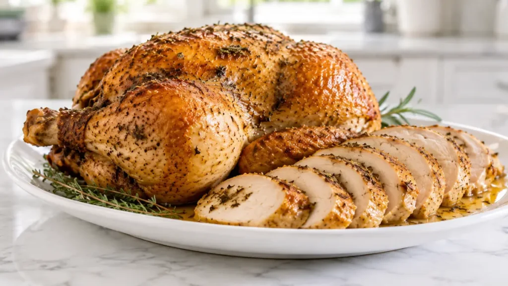 Air Fryer Herb Roasted Chicken served with juicy sliced breast, crispy golden herb skin, tender whole roasted chicken, easy family dinner, homemade comfort food, perfectly cooked poultry.