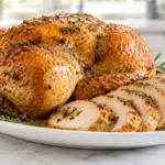 Air Fryer Herb Roasted Chicken served with juicy sliced breast, crispy golden herb skin, tender whole roasted chicken, easy family dinner, homemade comfort food, perfectly cooked poultry.