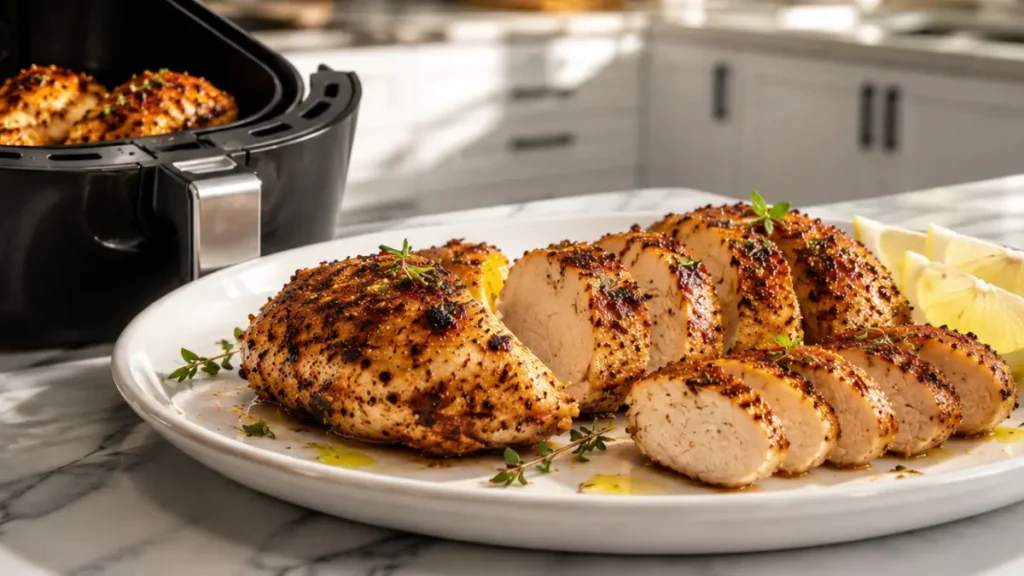 Air Fryer High Protein Chicken with juicy seasoned chicken breast, golden crust, sliced for serving, and fresh herbs