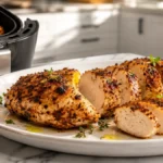 Air Fryer High Protein Chicken with juicy seasoned chicken breast, golden crust, sliced for serving, and fresh herbs