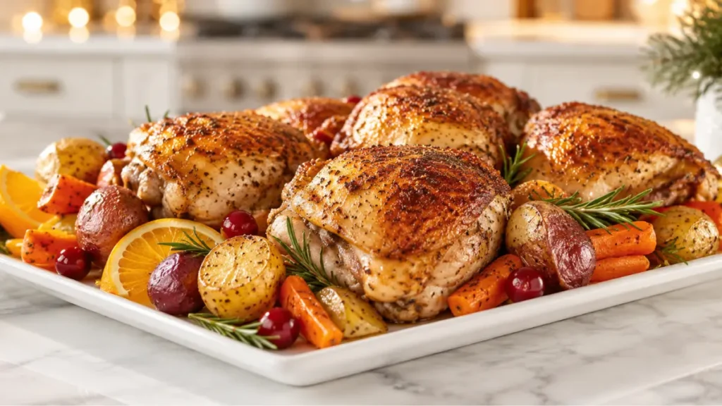 Air fryer holiday chicken served with crispy herb-seasoned chicken, roasted baby potatoes, carrots, fresh rosemary, and cranberries for an easy Christmas dinner, Thanksgiving meal, festive family dinner, holiday comfort food, and flavorful holiday chicken recipe.