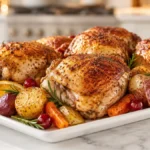 Air fryer holiday chicken served with crispy herb-seasoned chicken, roasted baby potatoes, carrots, fresh rosemary, and cranberries for an easy Christmas dinner, Thanksgiving meal, festive family dinner, holiday comfort food, and flavorful holiday chicken recipe.