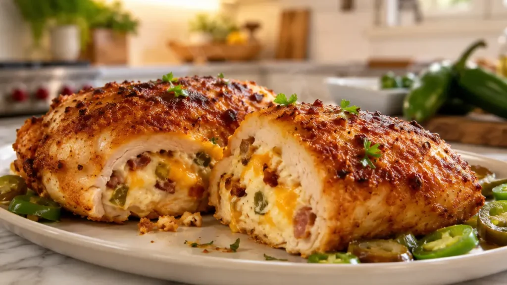 Air Fryer Jalapeño Popper Chicken stuffed with cream cheese, cheddar, bacon, and jalapeños inside a crispy golden panko crust