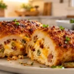 Air Fryer Jalapeño Popper Chicken stuffed with cream cheese, cheddar, bacon, and jalapeños inside a crispy golden panko crust