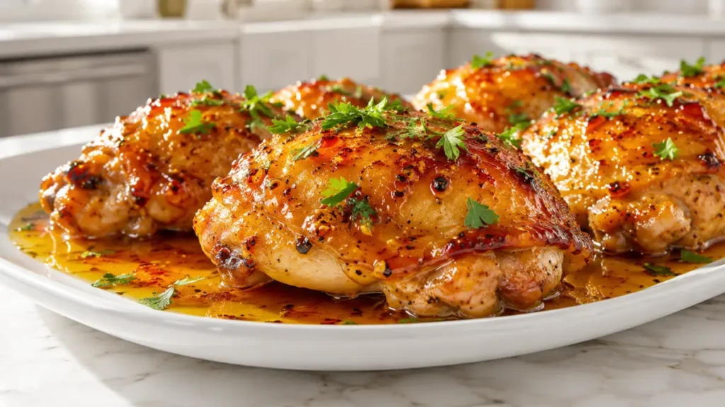 Air Fryer Maple Chicken with juicy glazed chicken thighs, maple Dijon glaze, caramelized finish, quick family dinner