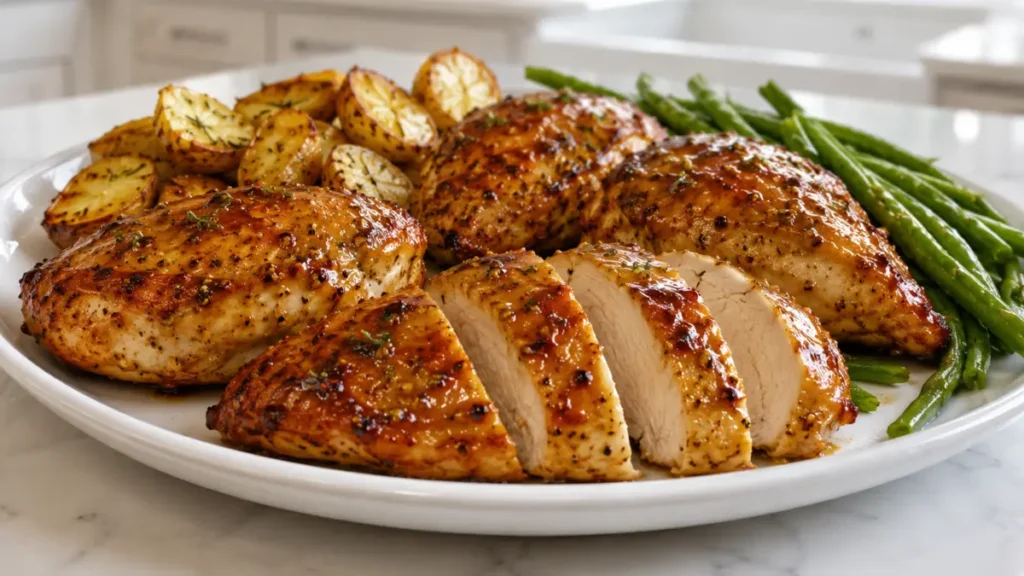 Air Fryer Maple Dijon Chicken served with juicy sliced chicken breasts, caramelized maple Dijon glaze, roasted baby potatoes, and green beans for an easy family dinner.