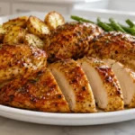 Air Fryer Maple Dijon Chicken served with juicy sliced chicken breasts, caramelized maple Dijon glaze, roasted baby potatoes, and green beans for an easy family dinner.