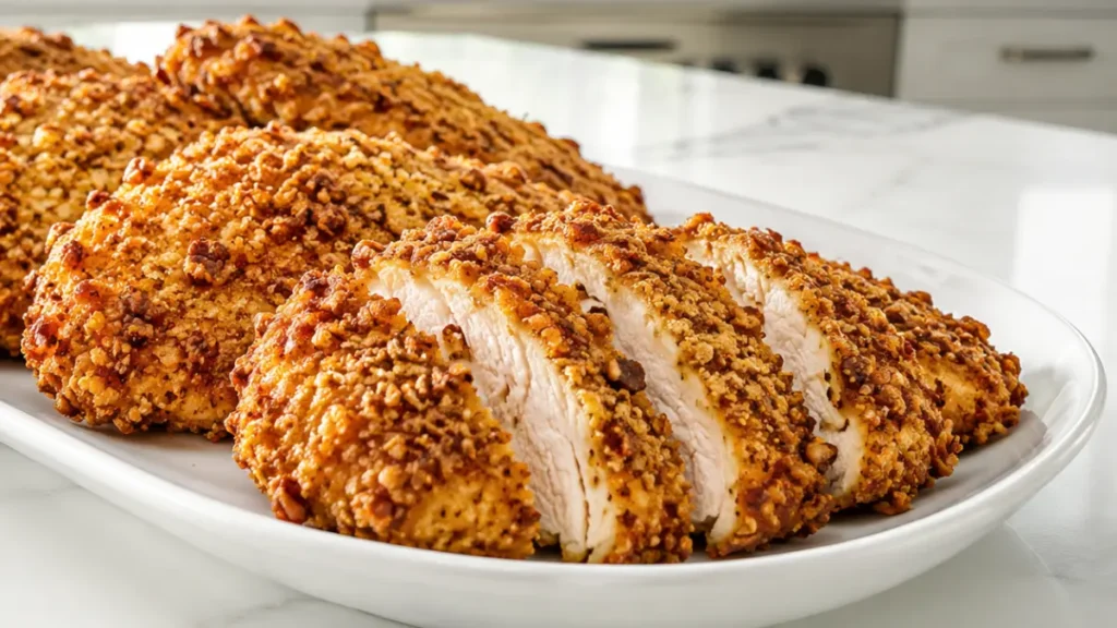 Air Fryer Pecan Crusted Chicken with crispy golden pecan coating, juicy sliced chicken breast, toasted panko crust, tender high-protein cutlets and easy family dinner.