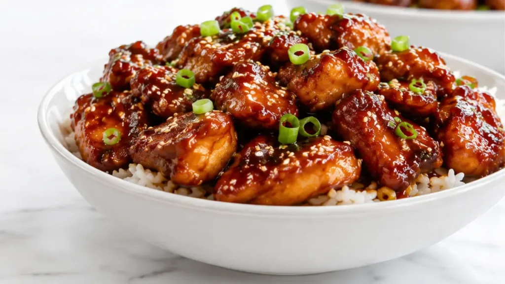Air Fryer Peking Chicken served over fluffy white rice with a sticky hoisin glaze, caramelized chicken bites, toasted sesame seeds, and fresh green onions for a quick Chinese-inspired dinner.