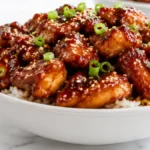 Air Fryer Peking Chicken served over fluffy white rice with a sticky hoisin glaze, caramelized chicken bites, toasted sesame seeds, and fresh green onions for a quick Chinese-inspired dinner.