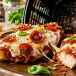 Air Fryer Pizza Chicken topped with marinara, melted mozzarella, pepperoni, and fresh basil on a serving board