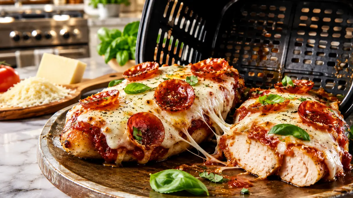 Air Fryer Pizza Chicken Recipe in 23 Minutes 2 Air Fryer Pizza Chicken topped with marinara, melted mozzarella, pepperoni, and fresh basil on a serving board