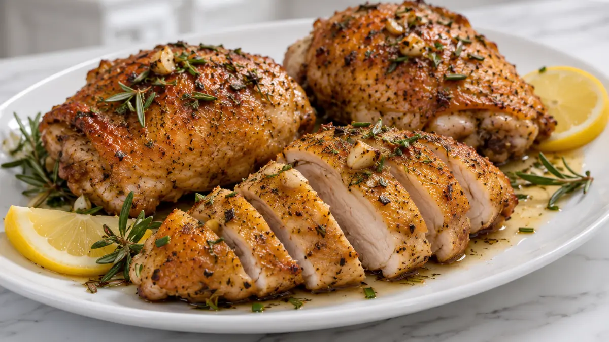 Air Fryer Rosemary Garlic Chicken with crispy golden skin, juicy chicken thighs, fresh rosemary, garlic, and lemon for an easy family dinner