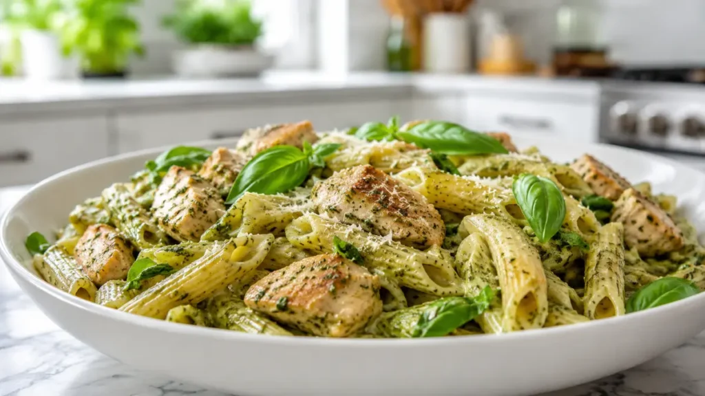 Chicken Pesto Penne with juicy seasoned chicken, creamy basil pesto sauce, tender penne pasta, fresh basil, and grated Parmesan for an easy 30-minute family dinner.