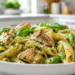 Chicken Pesto Penne with juicy seasoned chicken, creamy basil pesto sauce, tender penne pasta, fresh basil, and grated Parmesan for an easy 30-minute family dinner.