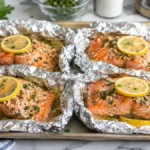 Easy Baked Salmon in Foil with juicy salmon fillets baked in individual foil packets, topped with lemon slices, garlic butter, herbs, and fresh parsley for a quick, flaky family dinner.