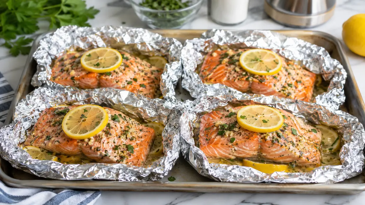 Easy Baked Salmon in Foil 2 Easy Baked Salmon in Foil with juicy salmon fillets baked in individual foil packets, topped with lemon slices, garlic butter, herbs, and fresh parsley for a quick, flaky family dinner.